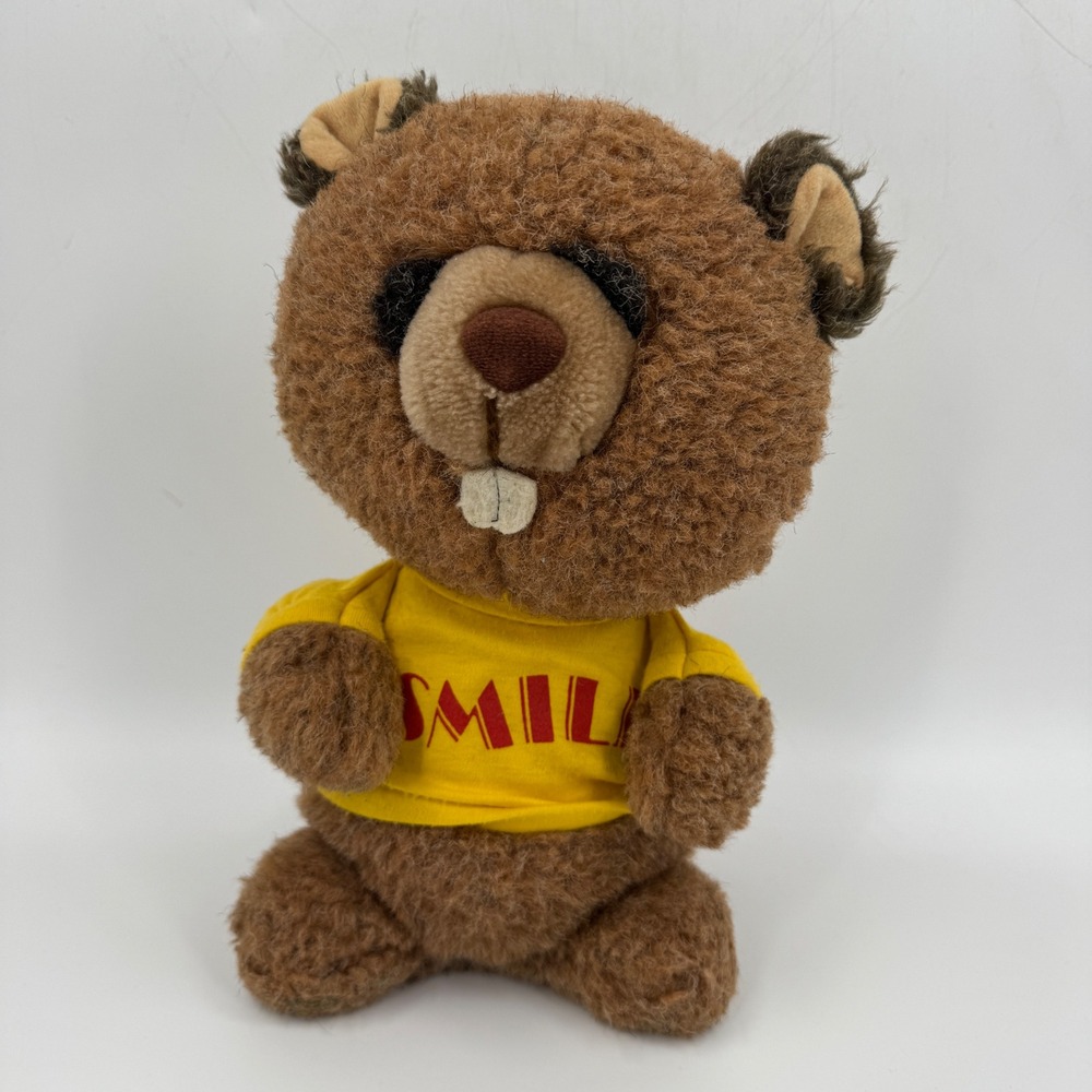 Vintage Knickerbocker Shirt Tales Beaver Plush Smile Yellow Shirt 12 inch 1980s